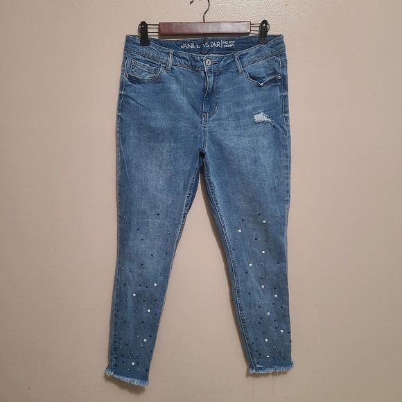 Vanilla Star Mid Rise Skinny Pearl Embellished Jeans - Picture 1 of 7